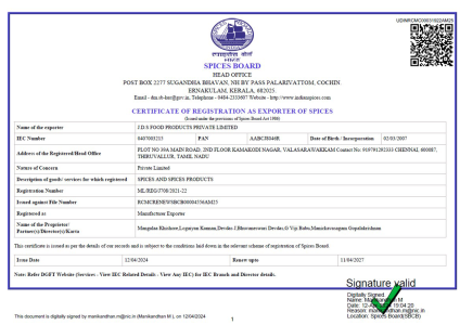 SPICES BOARD CERTIFICATE